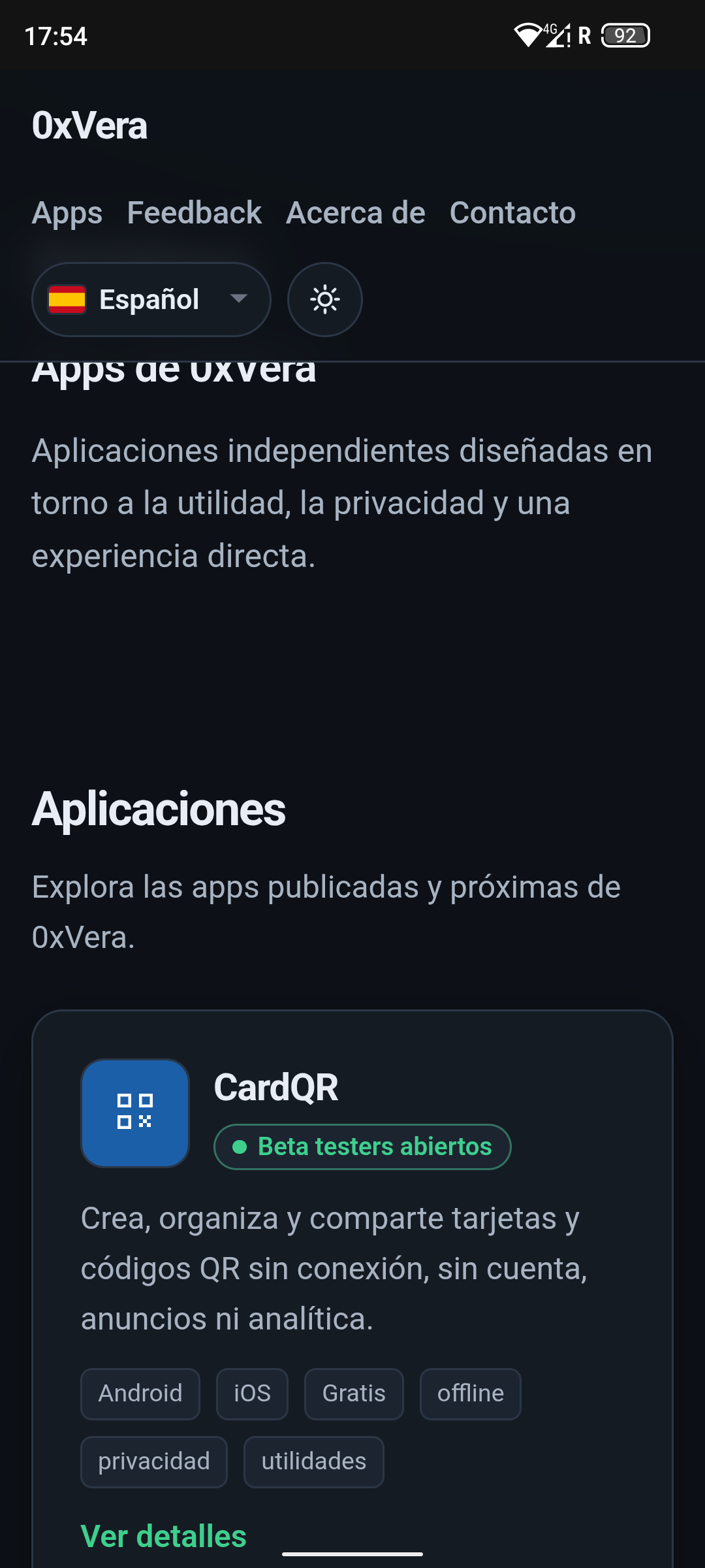 0xVera apps catalog on a phone, showing CardQR with open beta testers