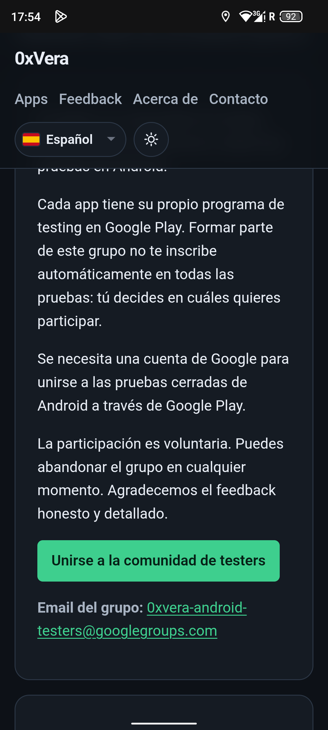 Android Testers page with the button to join the Google Group
