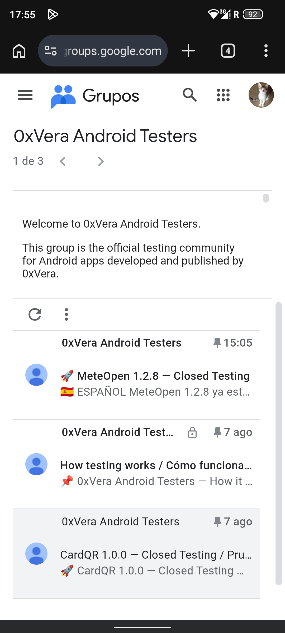 Google Group conversations list with tester topics for each app