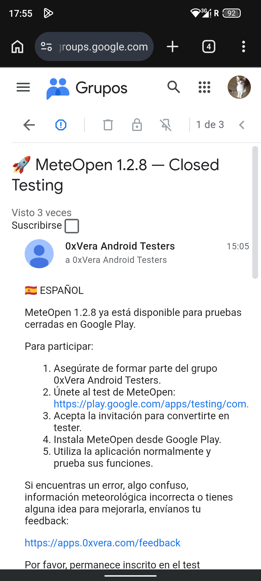 App conversation showing the Google Play opt-in link