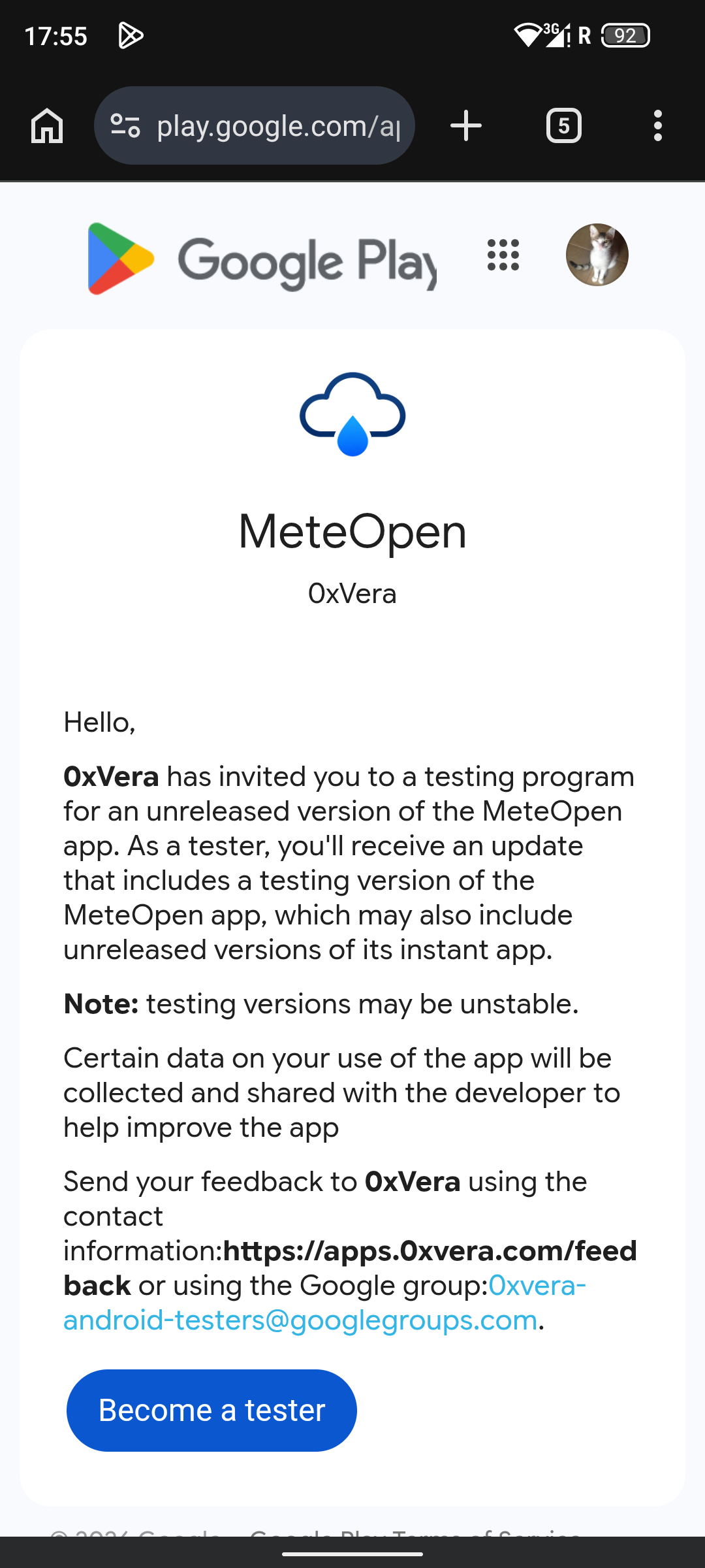 Google Play closed testing page with Become a tester