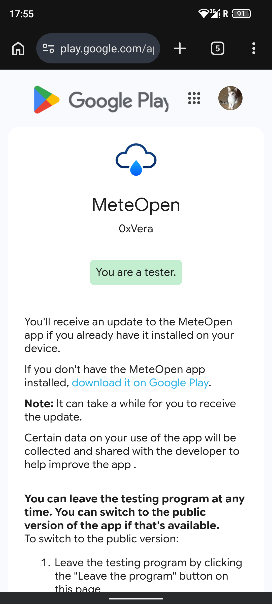 Google Play confirmation that you are a tester, with download link