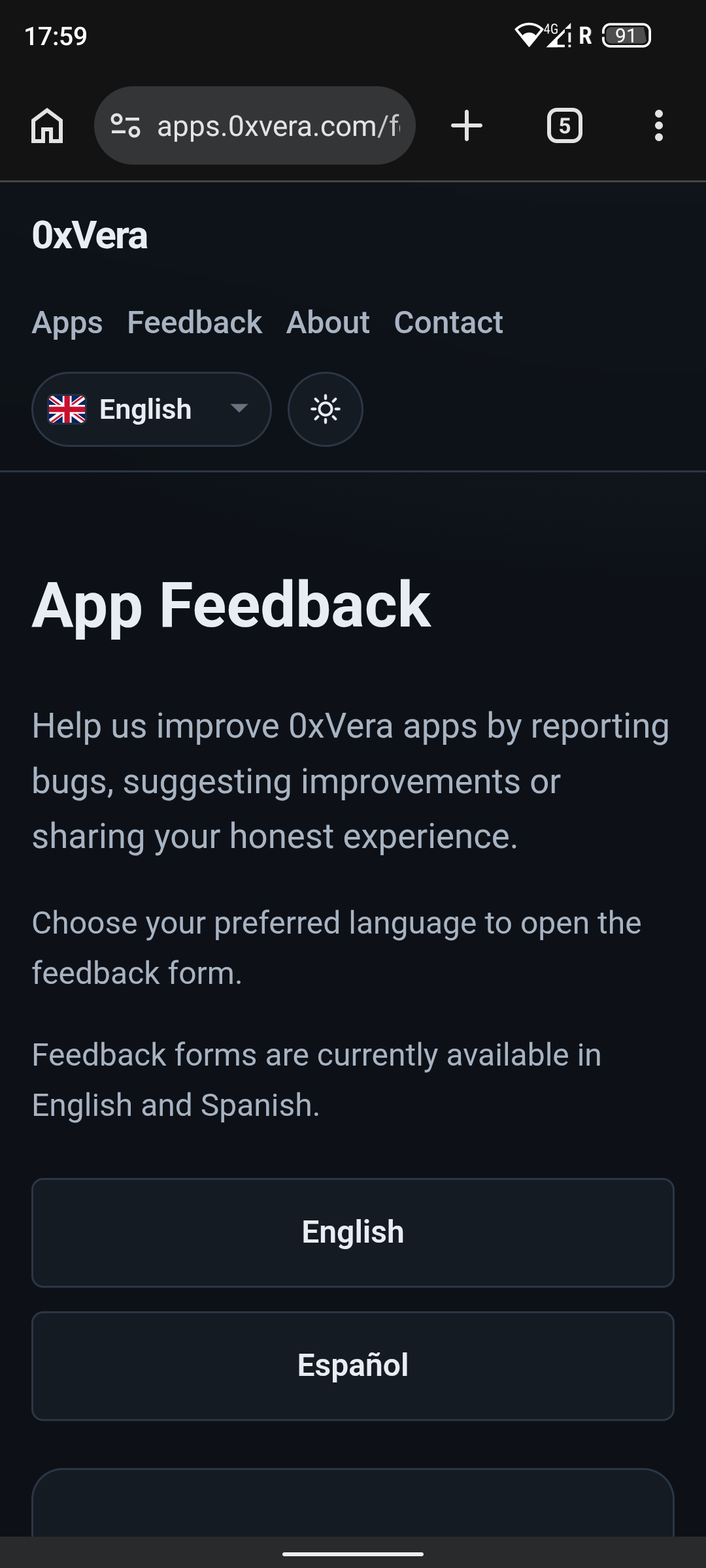 App Feedback page with English and Spanish form options