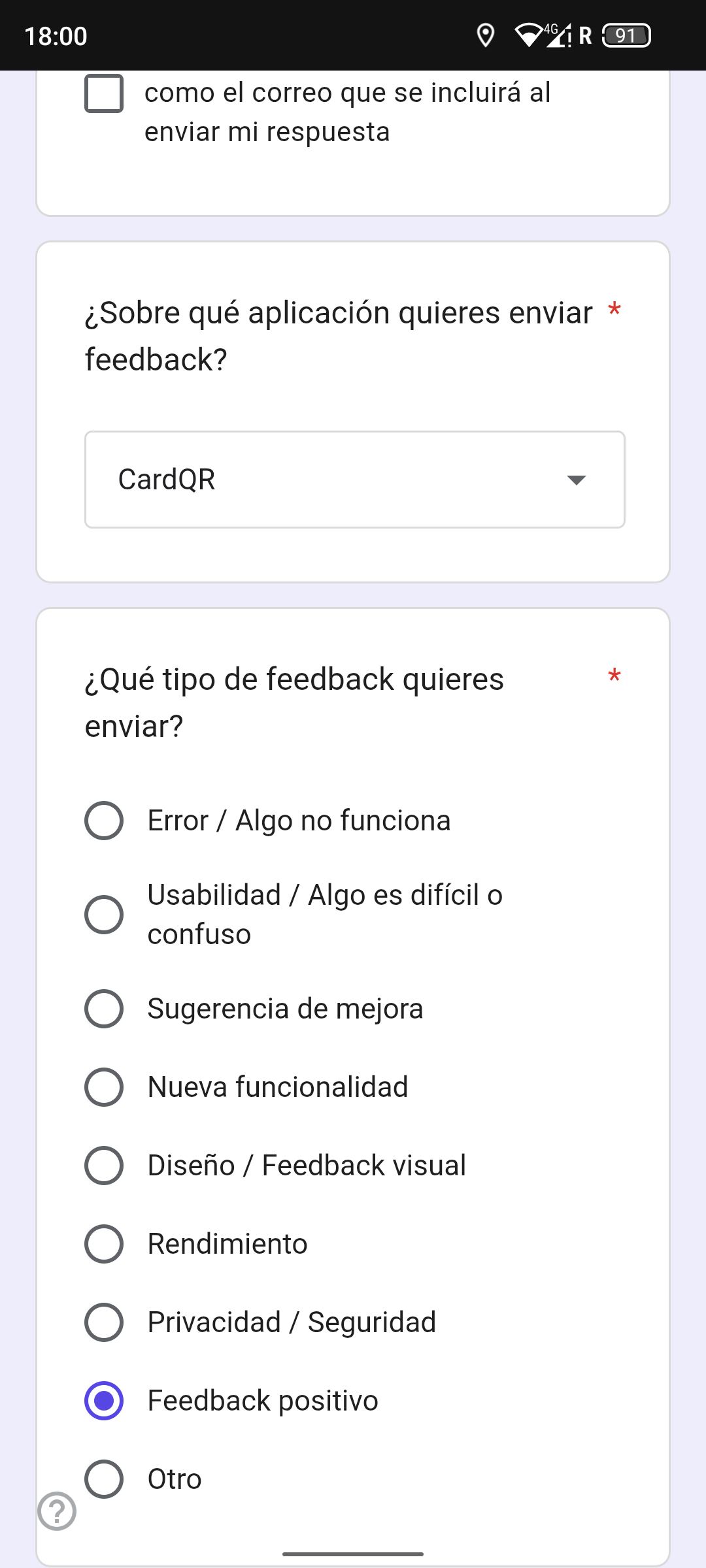Example of a filled positive feedback form